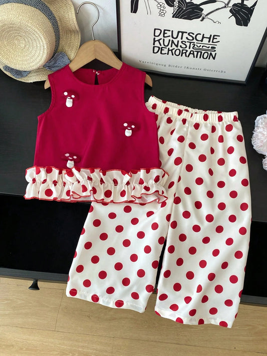 Mummy & Mee, 2pcs/Set Girls Sweet Outfit, New Fashion Stylish Summer Young Girl Casual Pants Set Red