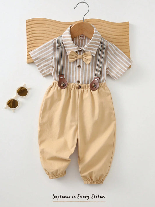 Mummy & Mee, Cozy Pixies 2pcs Baby Boy Colorful Striped Lapel Short Sleeve Shirt And Bib Pants Set Toddler Boys Dress