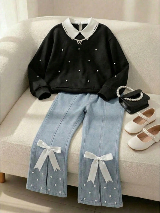 Tween Girls 2pcs/Set Round Neck Casual Loose Butterfly Print Sweatshirt