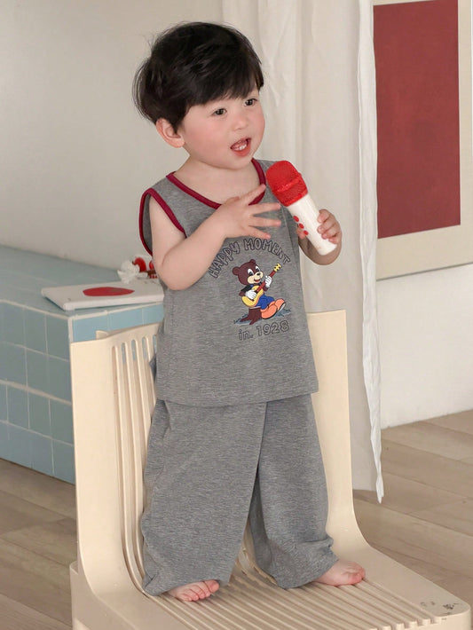 Mummy & Mee, DAZY Baby Boys' Cartoon Print Round Neck Vest And Pants 2 Pieces