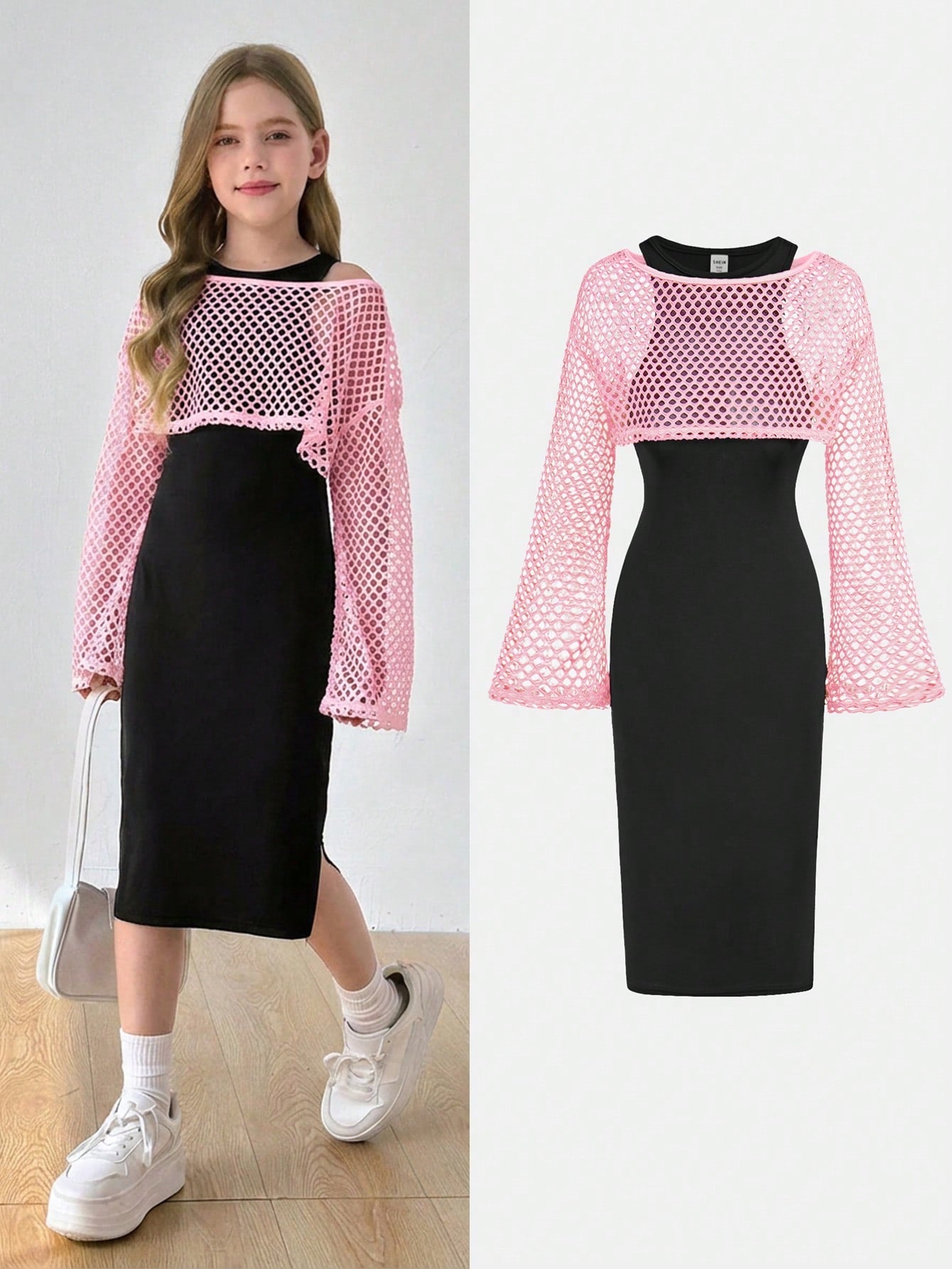 Tween Girl Knit Slim Fit Long Dress With Mesh Cover Up 2pcs Set