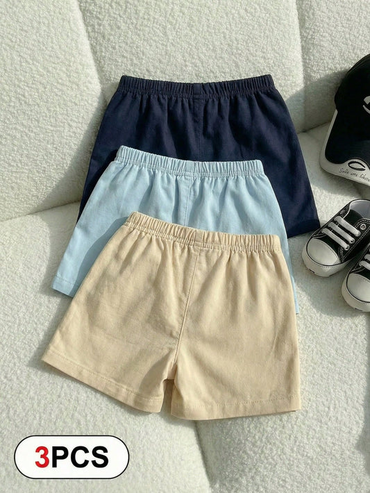 Mummy & Mee, Playful Pals 3PC Set Baby Solid Color Casual Bow Front Pocket Elastic Waist Shorts