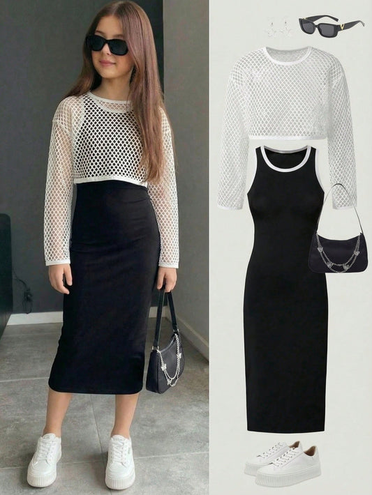 Tween Girl Hollow-Out Short Jacket And Fitted Knit Dress Set