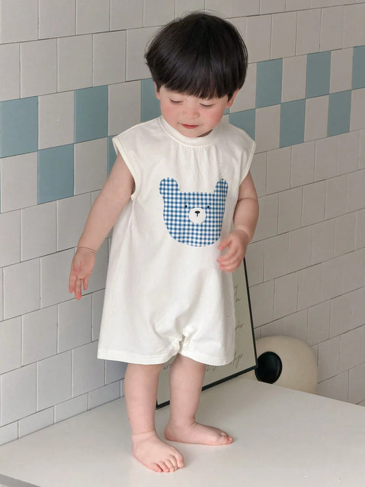 Mummy & Mee, Dazy Kids Infant/Toddler Boys' Cartoon Plaid Bear Applique Sleeveless Comfortable Romper