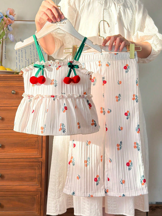 Mummy & Mee, Vintaside Kids Young Girl A Two Pieces Set Of A Summer Ruffled Halter Top And High-Waisted Straight-Leg Trousers, Featuring A Sweet And Stylish French Country Style
