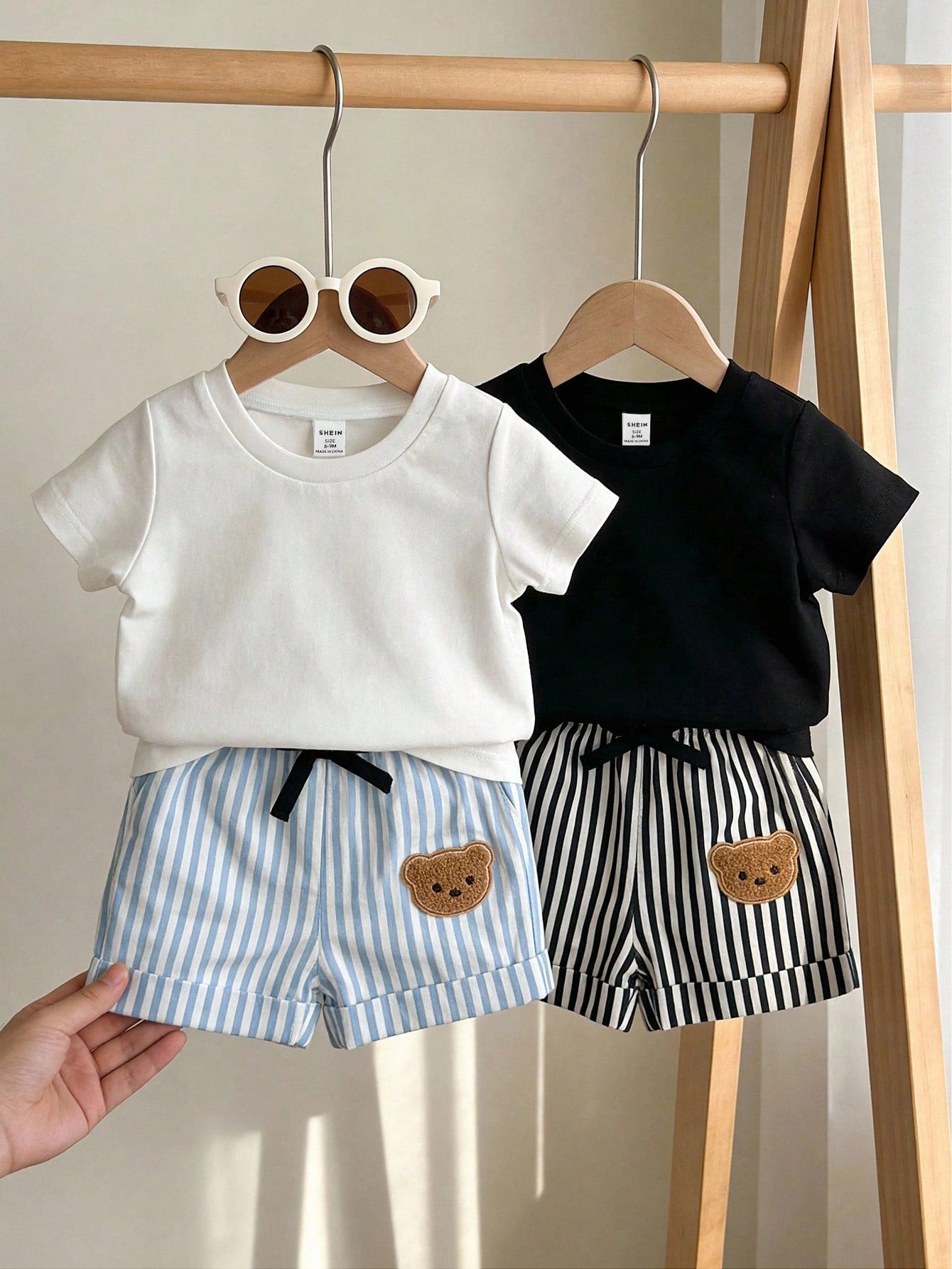 Baby Boy Solid Color T-Shirt And Striped Bear Print Shorts Set