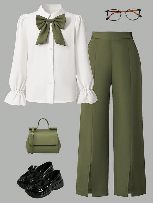 2pcs/Set Girls Colorblock Bow Decor Long Sleeve Top And Pants