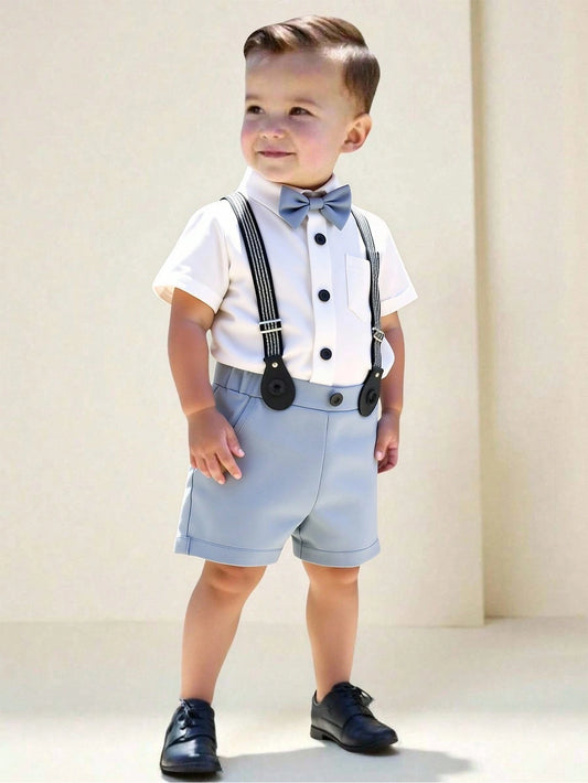 Mummy & Mee, 2pcs Baby Boy Gentleman Style Set: White Knit Collar Short Sleeve Shirt With Pocket & Bowknot