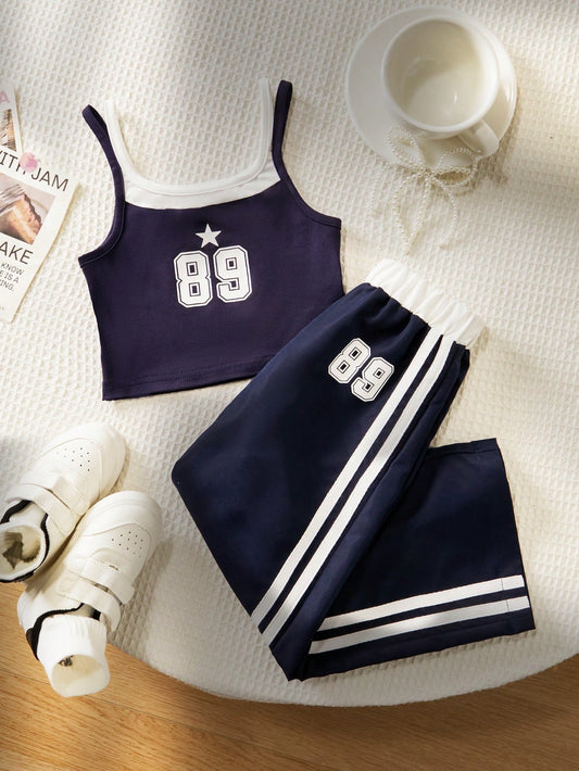 Mummy & Mee, Elladie kids Young Girls Cute Asymmetrical Hem Design & Bow Print Casual Pants Set Young Girl Two Piece (Copy)