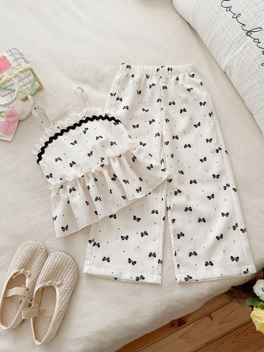 Mummy & Mee, Vintaside Kids Young Girl A Two Pieces Set Of A Summer Ruffled Halter Top And High-Waisted Straight-Leg Trousers, Featuring A Sweet And Stylish French Country Style