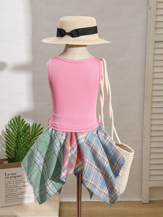 Mummy & Mee, 2pcs Young Girl Summer Outfit - Solid Color Camisole Top Paired With Plaid Color Block Asymmetric Skort Set