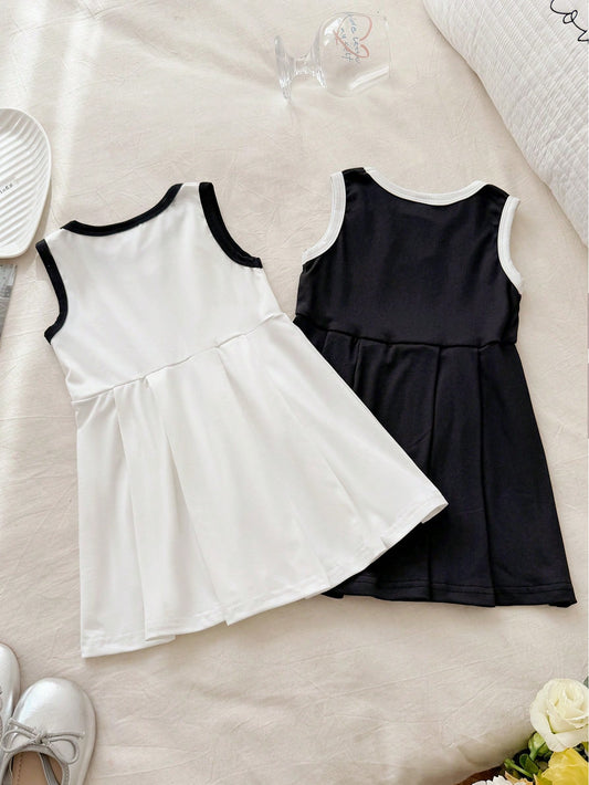 Mummy & Mee, Baby Girl Two Pieces Summer Black And White Contrasting Round-Neck Sleeveless Dress Set