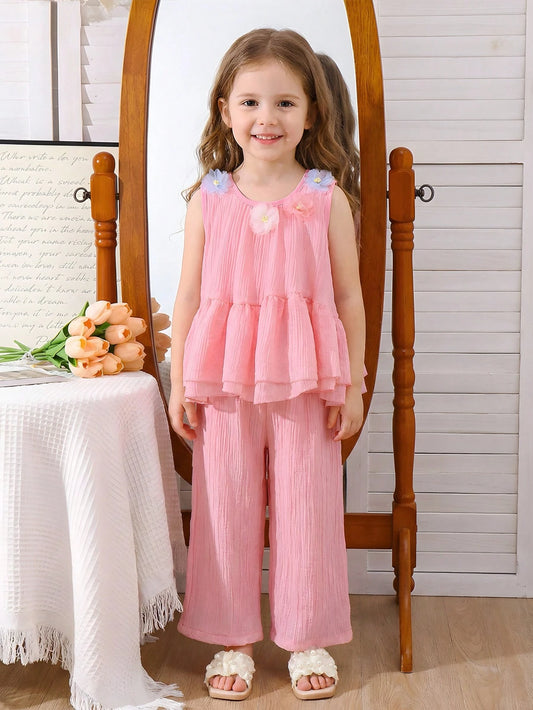 Mummy & Mee, 2pcs/Set Young Girls Summer Pink Fairy Ruffle Hem 3D Mesh Flower Decor Camisole Top And Wide Leg Pants Outfit Pink