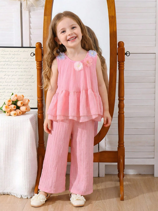 Mummy & Mee, 2pcs/Set Young Girls Summer Pink Fairy Ruffle Hem 3D Mesh Flower Decor Camisole Top And Wide Leg Pants Outfit