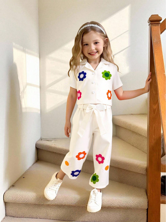 Mummy & Mee, Elladie kids 2pcs Young Girls Apricot Short Sleeve Cardigan Casual Shirt Top With Floral Embroidery And Straight Leg Pants Set