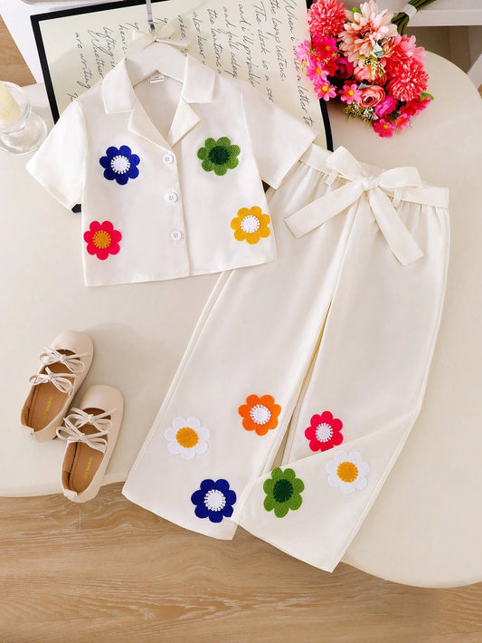 Mummy & Mee, Elladie kids 2pcs Young Girls Apricot Short Sleeve Cardigan Casual Shirt Top With Floral Embroidery And Straight Leg Pants Set
