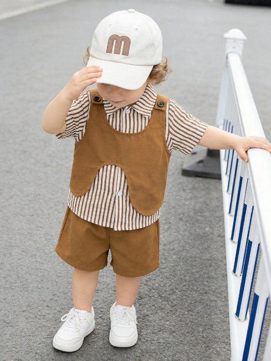 Mummy & Mee, 3pcs Baby Boy Preppy Style Outfit Set: Striped Shirt, Khaki Shorts, Suspender Pants, Bow Tie