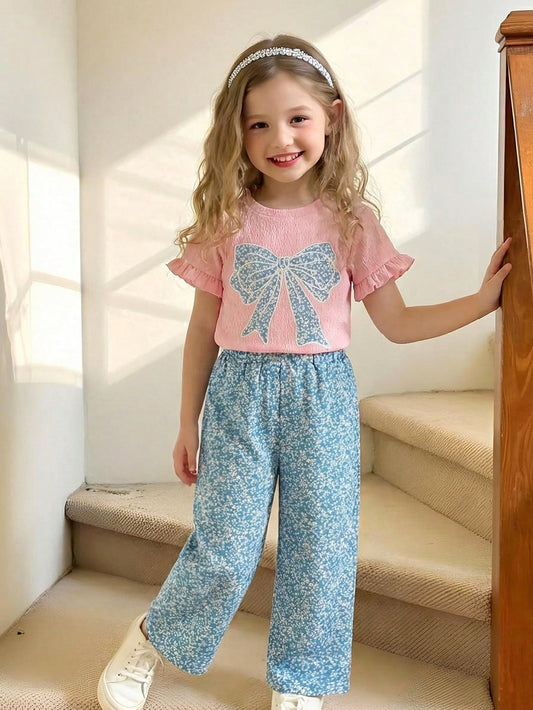 Mummy & Mee, Elladie kids 2pcs/Set Toddler Girls' Summer Korean Style Textured Knit Bow Applique Embroidered Ruffle Sleeve Solid Tee And Ditsy Floral Relaxed Pants