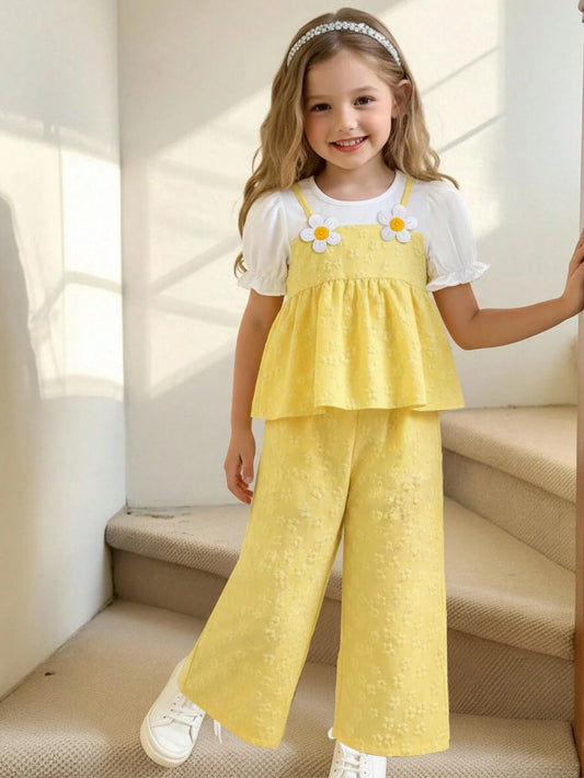 Mummy & Mee, 2pcs Girls Set, Puff Sleeve Floral Top + Jacquard Wide Leg Pants
