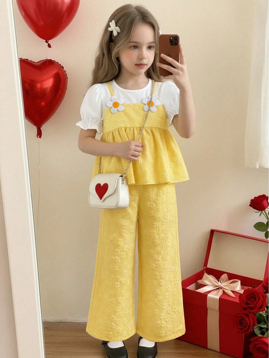 Mummy & Mee, 2pcs Girls Set, Puff Sleeve Floral Top + Jacquard Wide Leg Pants