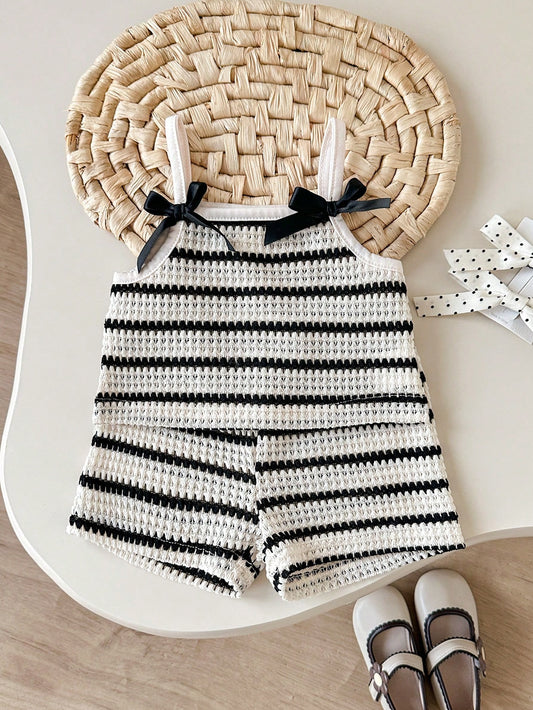 Mummy & Mee, Playful Pals 2pcs Baby Girls Sleeveless Striped Knit Jacquard Camisole Top + Elastic Waist Shorts