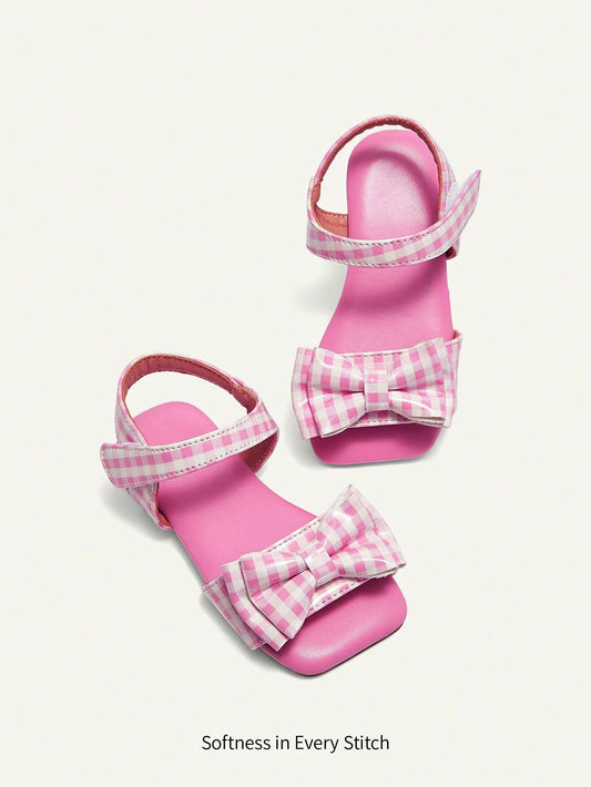 Mummy & Mee, Cozy Pixies A Pair Of Girls' Pink And White Plaid Bow Summer Open-Toed Sandals