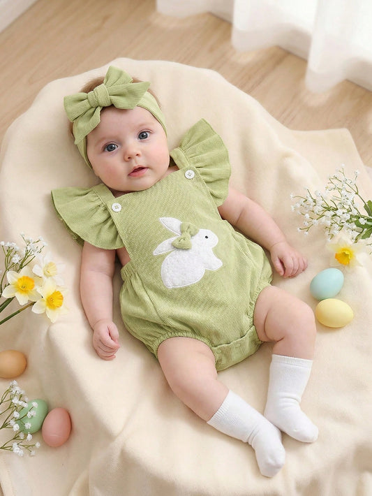 Baby Girl Rabbit Embroidery Pom Decor Sleeveless Romper Set