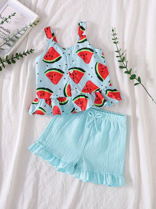 Mummy & Mee, Baby Girl Watermelon Print Ruffle Strap Top And Light Green Shorts 2pcs Set