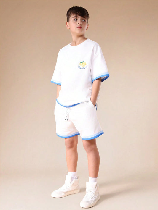 Mummy & Mee, SUMWON Oversized Boys Short Sleeve Crew Neck T-Shirt And Shorts Co-Ord Set White with Blue