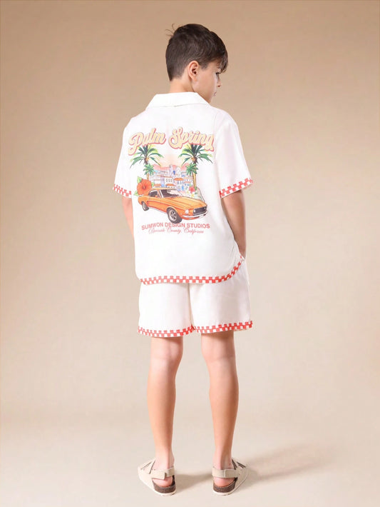 Mummy & Mee, SUMWON Boys Palm Springs Classic Car Vintage Print Short Sleeve Shirt And Shorts Co-Ord Set With Checkerboard Trim Details
