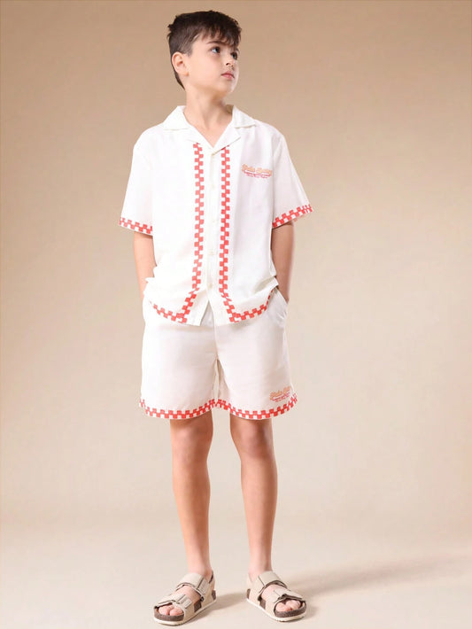 Mummy & Mee, SUMWON Boys Palm Springs Classic Car Vintage Print Short Sleeve Shirt And Shorts Co-Ord Set With Checkerboard Trim Details