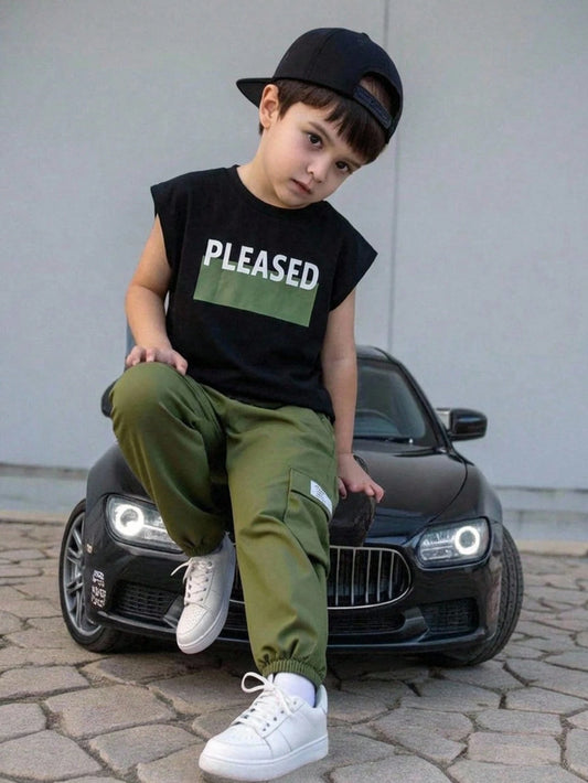 Mummy & Mee, 2pcs/Set Kids Boys Casual Letter Print Crew Neck Loose Short Sleeve T-Shirt Black & Olive