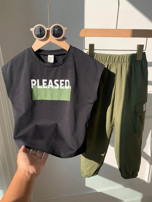 Mummy & Mee, 2pcs/Set Kids Boys Casual Letter Print Crew Neck Loose Short Sleeve T-Shirt