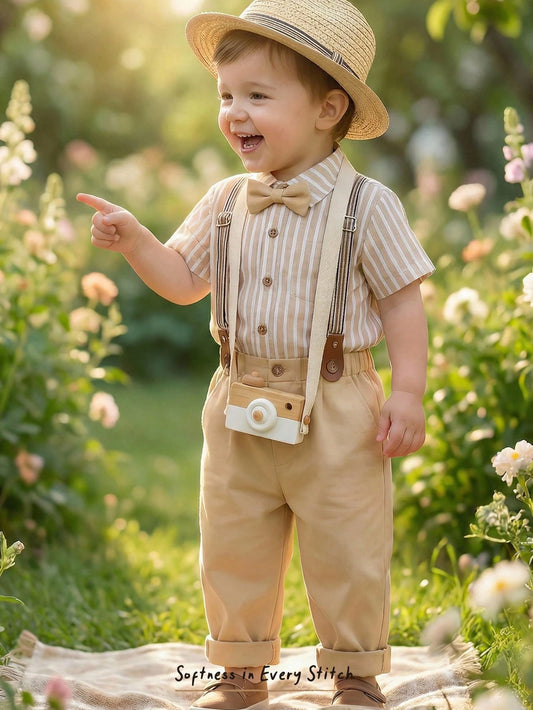 Mummy & Mee, Cozy Pixies 2pcs Baby Boy Colorful Striped Lapel Short Sleeve Shirt And Bib Pants Set Toddler Boys Dress