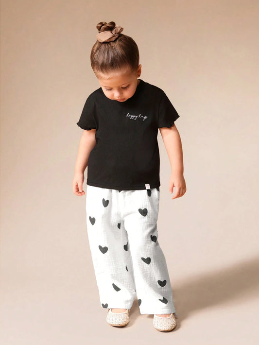 Mummy & Mee, SUMWON Ribbed T-Shirt And Heart Print Pants Co-Ord Set With Short Sleeves Crew Neck Happy Days Slogan For Summer Casual Wear