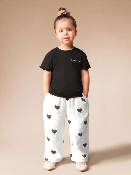Mummy & Mee, SUMWON Ribbed T-Shirt And Heart Print Pants Co-Ord Set With Short Sleeves Crew Neck Happy Days Slogan For Summer Casual Wear