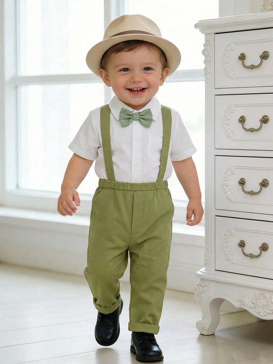Mummy & Mee, 2pcs Baby Boy Summer Cute Versatile Short Sleeve Shirt, Suspender Pants Gentleman Outfit Set