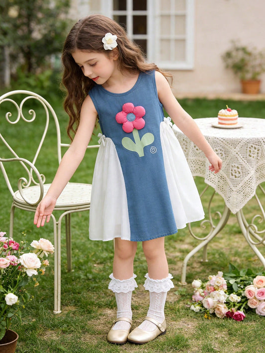 Mummy & Mee, Young Girl's Cute Sweet 3D Floral Sleeveless Dress, Girls' 3D Cut Design Casual Dress Blue