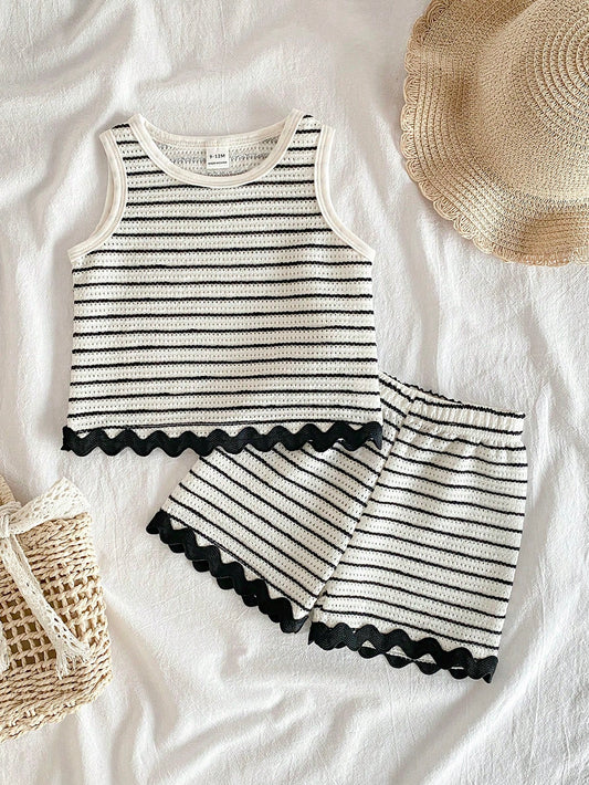 Mummy & Mee, Vintaside Kids 2pcs/Set Baby Girls' Sweet Jacquard Striped Fabric Lace Trim Vest And Shorts White & Black
