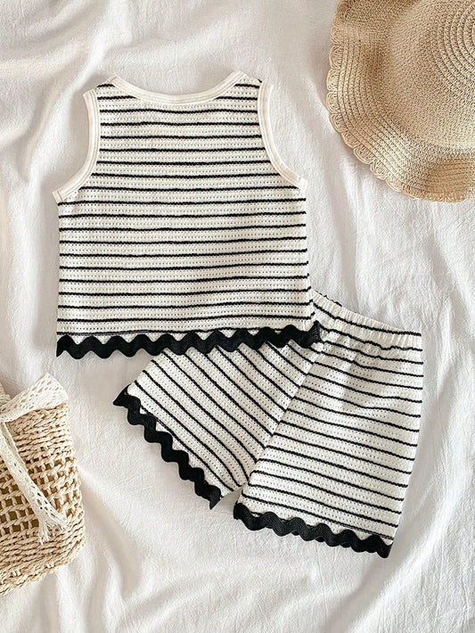 Mummy & Mee, Vintaside Kids 2pcs/Set Baby Girls' Sweet Jacquard Striped Fabric Lace Trim Vest And Shorts