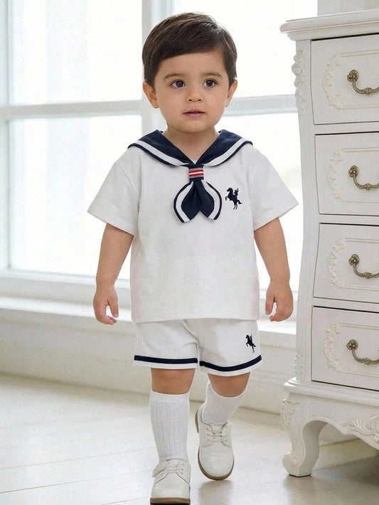 Mummy & Mee, 3pcs/Set Unisex Baby Boy/Girl Sailor Style Outfit, White Short Sleeve T-Shirt, Knit Top, White
