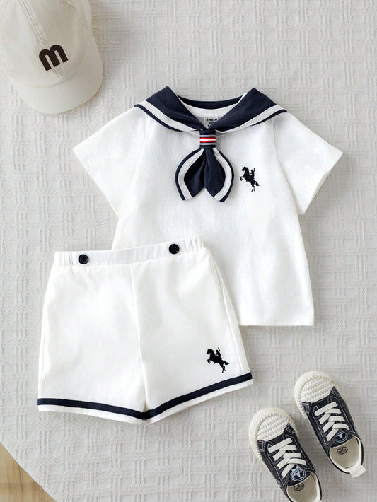 Mummy & Mee, 3pcs/Set Unisex Baby Boy/Girl Sailor Style Outfit, White Short Sleeve T-Shirt, Knit Top, White
