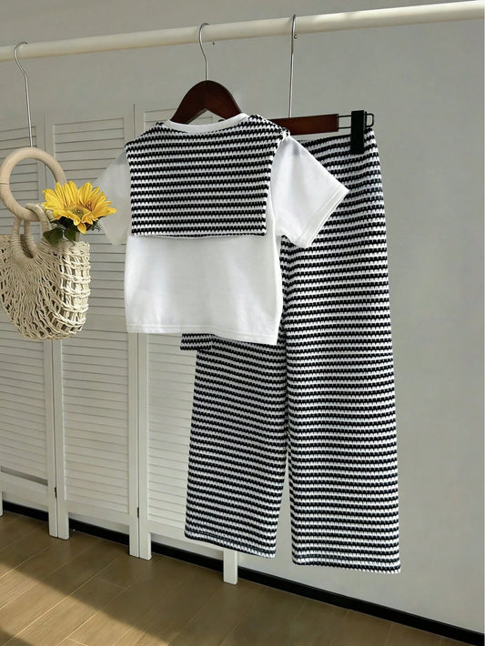 Mummy & Mee, Playful Pals Girls' Casual Fashion T-Shirt Set, White Short Sleeve T-Shirt + Black & White Knit Jacquard Wide Leg Pants With Shawl