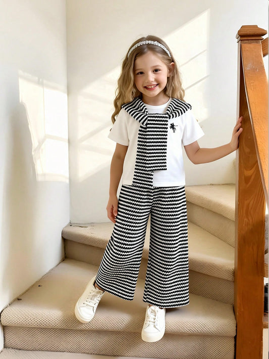 Mummy & Mee, Playful Pals Girls' Casual Fashion T-Shirt Set, White Short Sleeve T-Shirt + Black & White Knit Jacquard Wide Leg Pants With Shawl