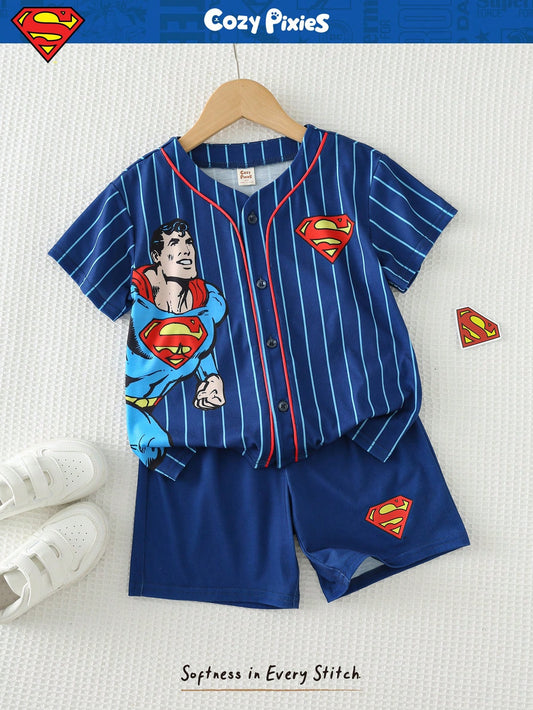 Mummy & Mee, SUPERMAN X Cozy Pixies 2pcs/Set Young Girl V-Neck Short Sleeve Cardigan Top And Elastic Waist Shorts Blue