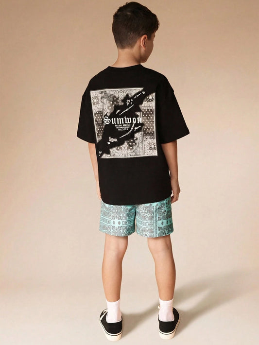 Mummy & Mee, SUMWON Boys Graphic Print T-Shirt And Paisley Pattern Shorts Summer Co-Ord Set Casual Short Sleeve