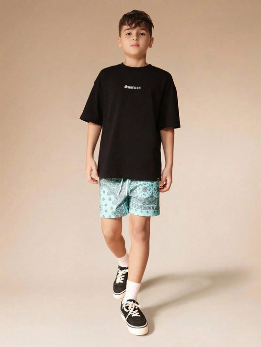 Mummy & Mee, SUMWON Boys Graphic Print T-Shirt And Paisley Pattern Shorts Summer Co-Ord Set Casual Short Sleeve