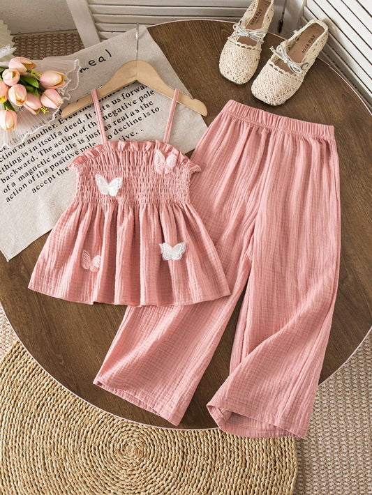 Mummy & Mee, Genkimix Kids 2pcs/Set Young Girl Cotton Vacation 3D Embroidered Butterfly Decor Pink