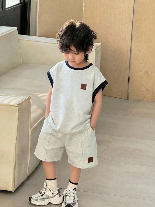 Mummy & Mee, 2pcs Kids Boy Casual Colorblock Crew Neck Pullover T-Shirt And Shorts