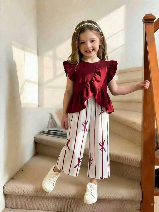 Mummy & Mee, Elladie kids Young Girls Cute Asymmetrical Hem Design & Bow Print Casual Pants Set Young Girl Two Piece Burdungy